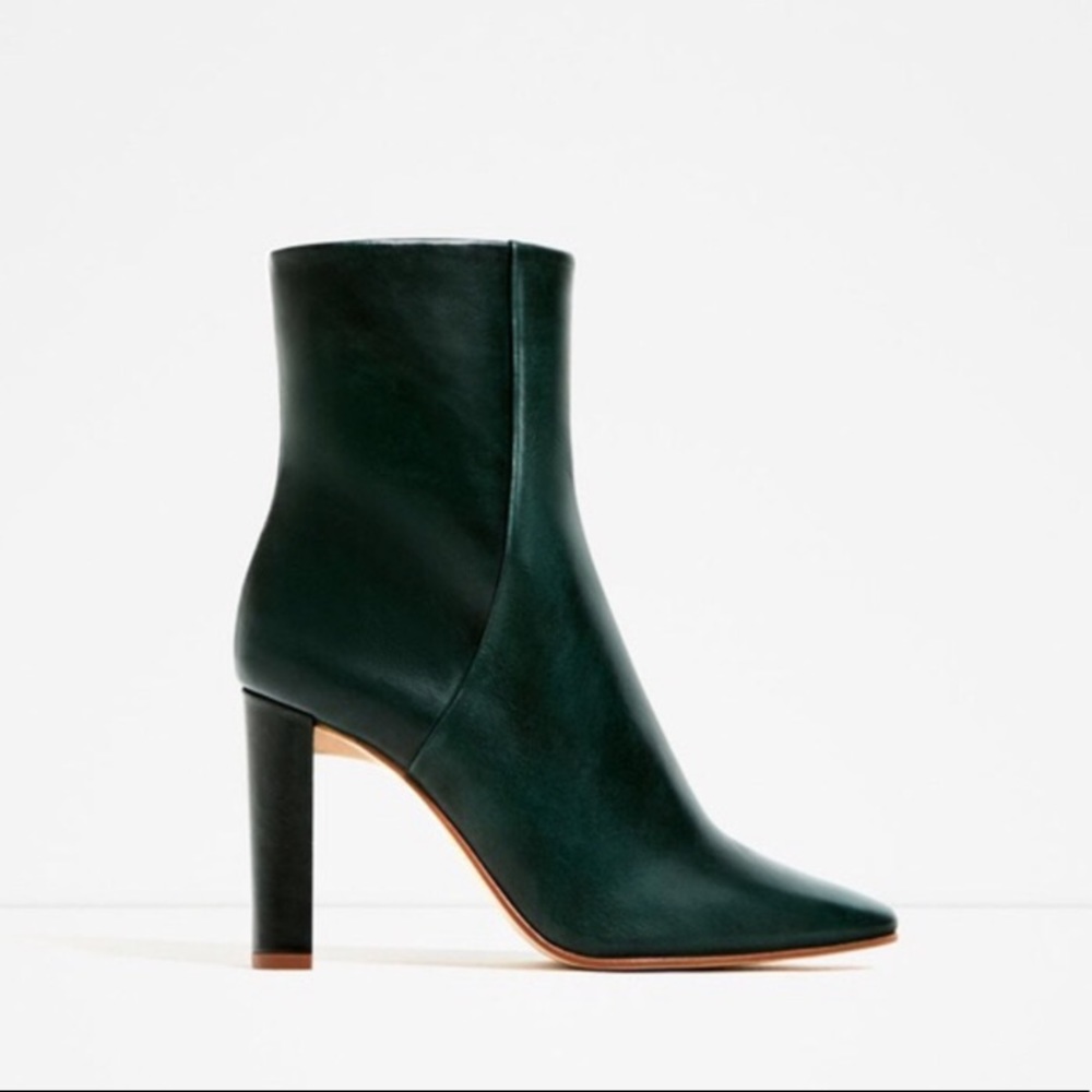 Zara Dark Green Genuine Leather Heeled Retro Minimalist Modern Cute Ankle Bootie - Picture 5 of 16
